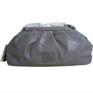 Wrapped frame clutch, chain handle, gray vegan leather